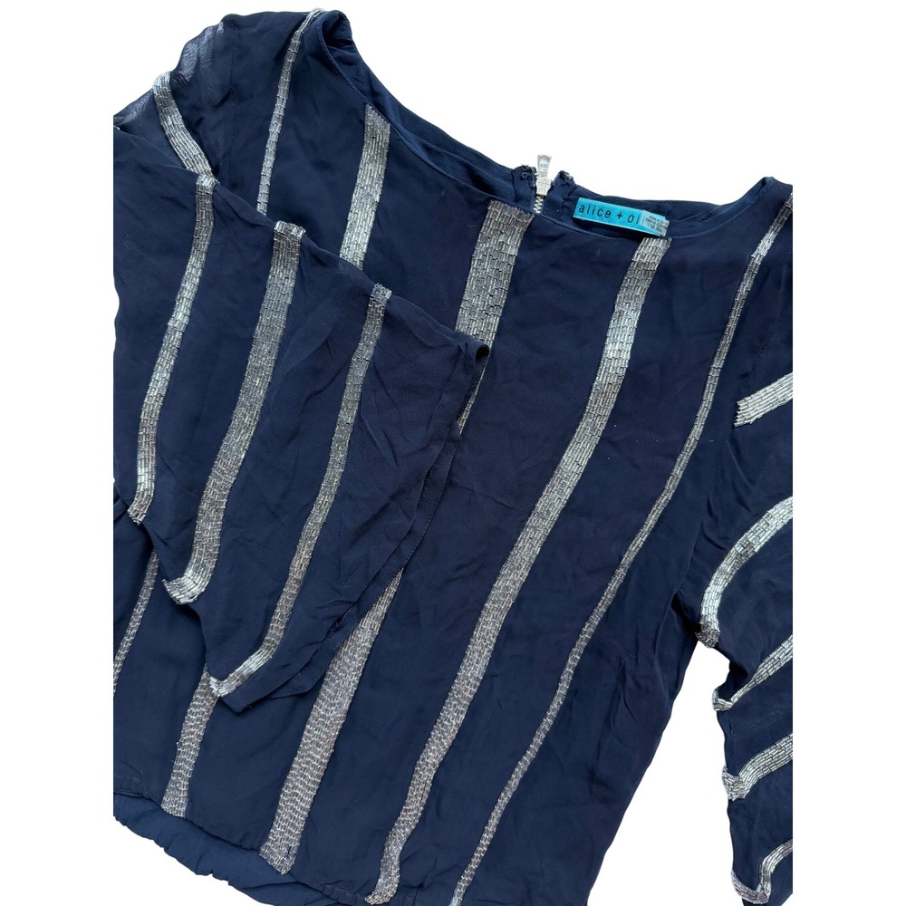 Alice‎ + Olivia Navy Blue Silk Beaded Stripe Bell Sleeve Blouse Top Silver Zip